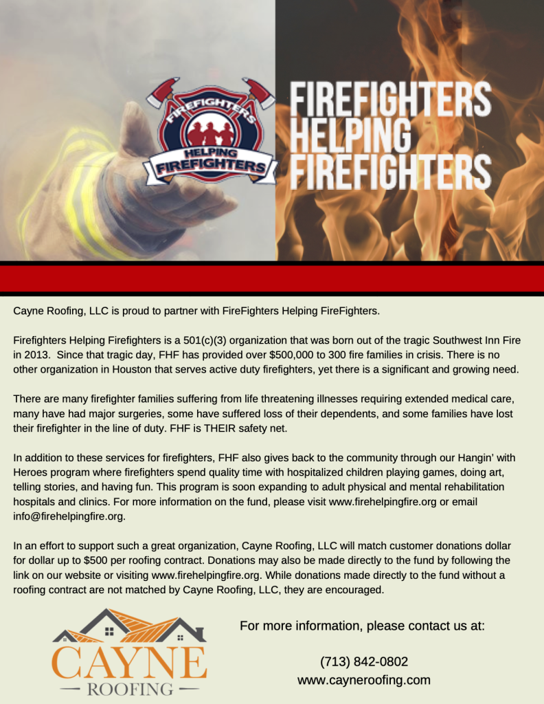 firefighters helping firefighters and cayne roofing letter